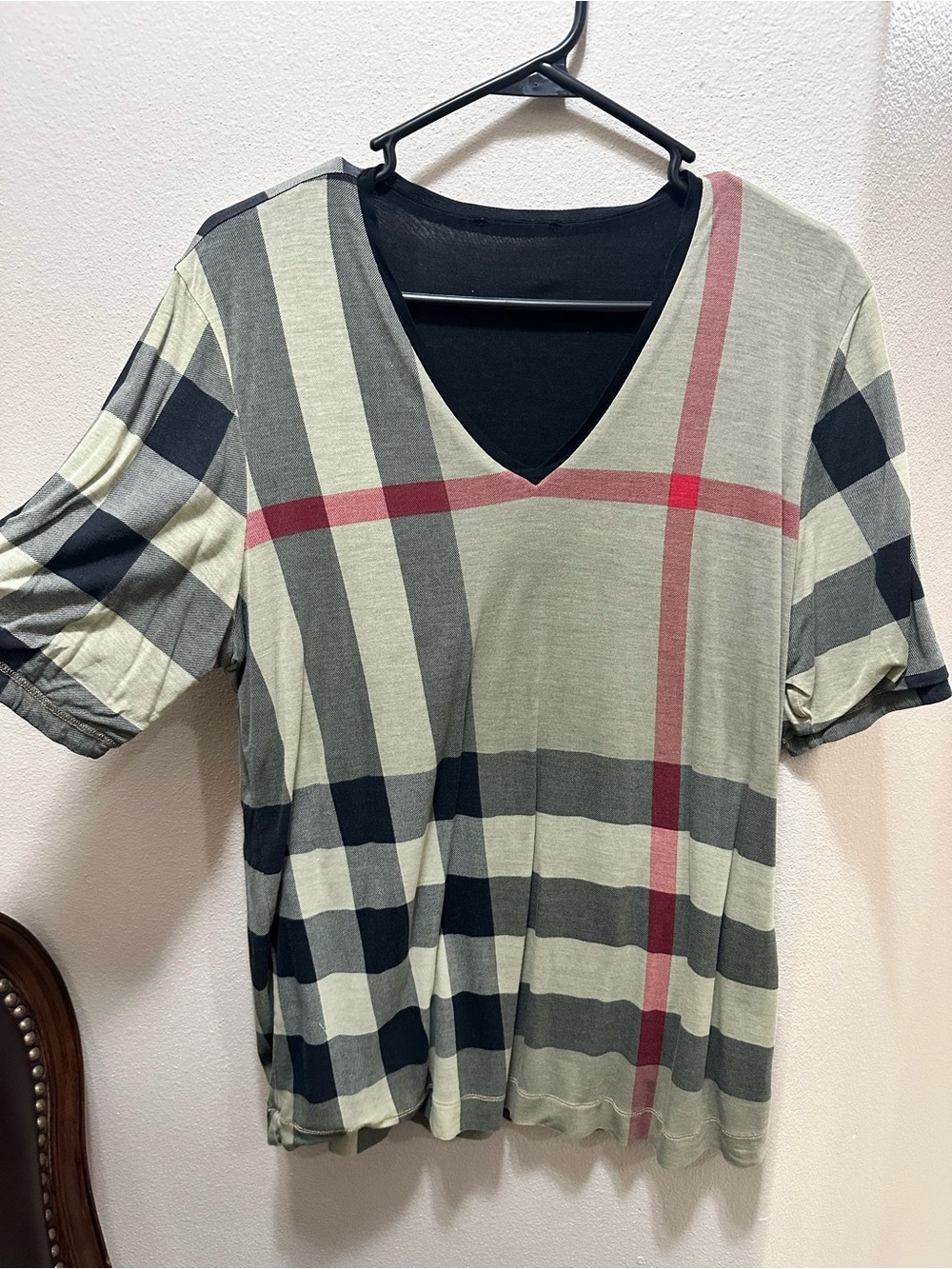 Reversible Plaid Burberry V-Neck Short Sleeve Top in Sage, Black & Red